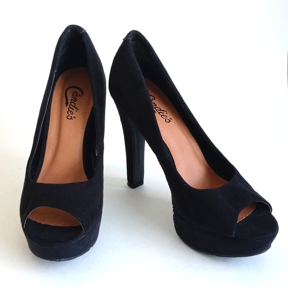 Candie's Women’s Black Suede Peep Toe 5” Heels 7.5